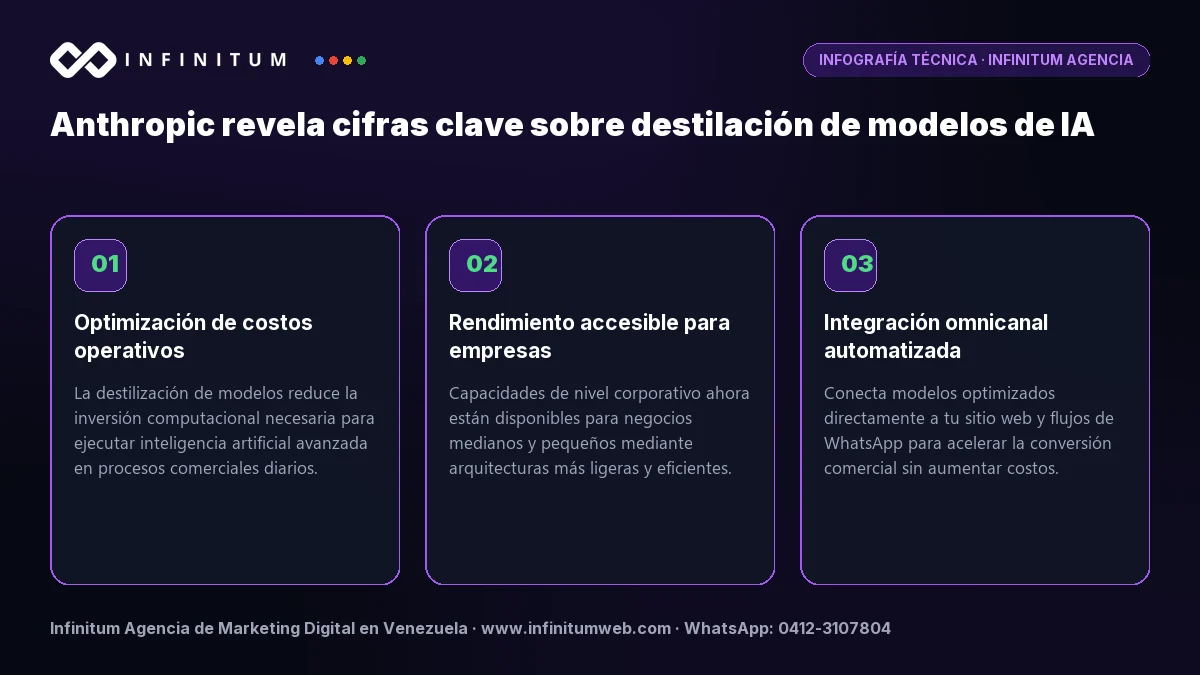 Infografía técnica: Anthropic revela cifras clave sobre destilación de modelos de IA - Claves estratégicas por Infinitum Agencia