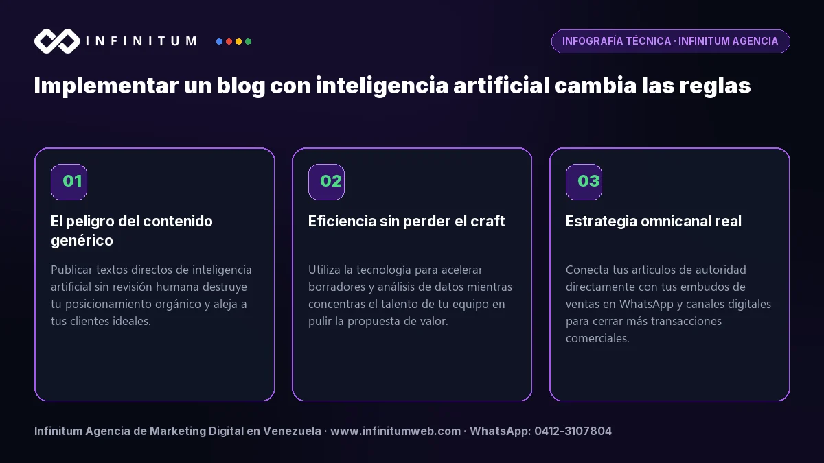 Infografía: Implementar un blog con inteligencia artificial cambia las reglas | Infinitum Infografía técnica: Implementar un blog con inteligencia artificial cambia las reglas - Claves estratégicas por Infinitum Agencia
