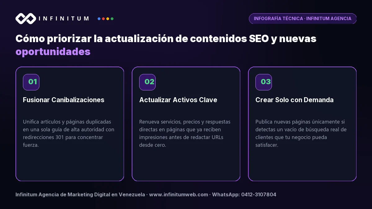 Infografía técnica: Los 3 pilares para priorizar la actualización de contenidos SEO y nuevas oportunidades comerciales por Infinitum Agencia