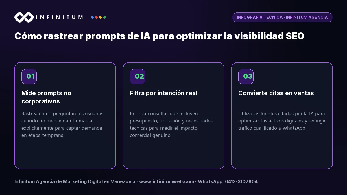 Infografía: Cómo rastrear prompts de IA para optimizar la visibilidad SEO | Infinitum Infografía técnica: Cómo rastrear prompts de IA para optimizar la visibilidad SEO - Claves estratégicas por Infinitum Agencia