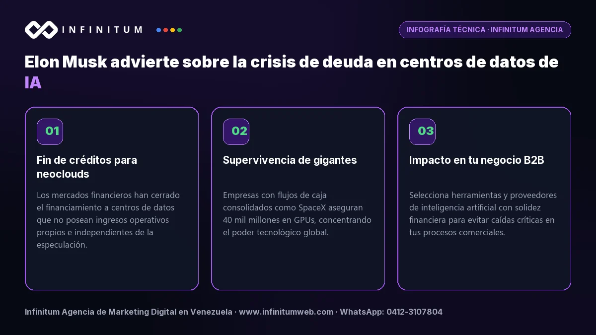 Infografía técnica: Elon Musk advierte sobre la crisis de deuda en centros de datos de IA - Claves estratégicas por Infinitum Agencia