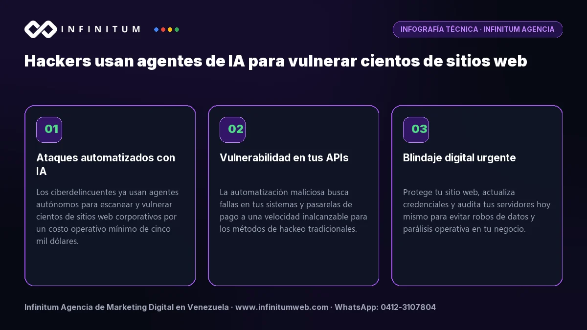 Infografía técnica: Hackers usan agentes de IA para vulnerar cientos de sitios web - Claves estratégicas por Infinitum Agencia