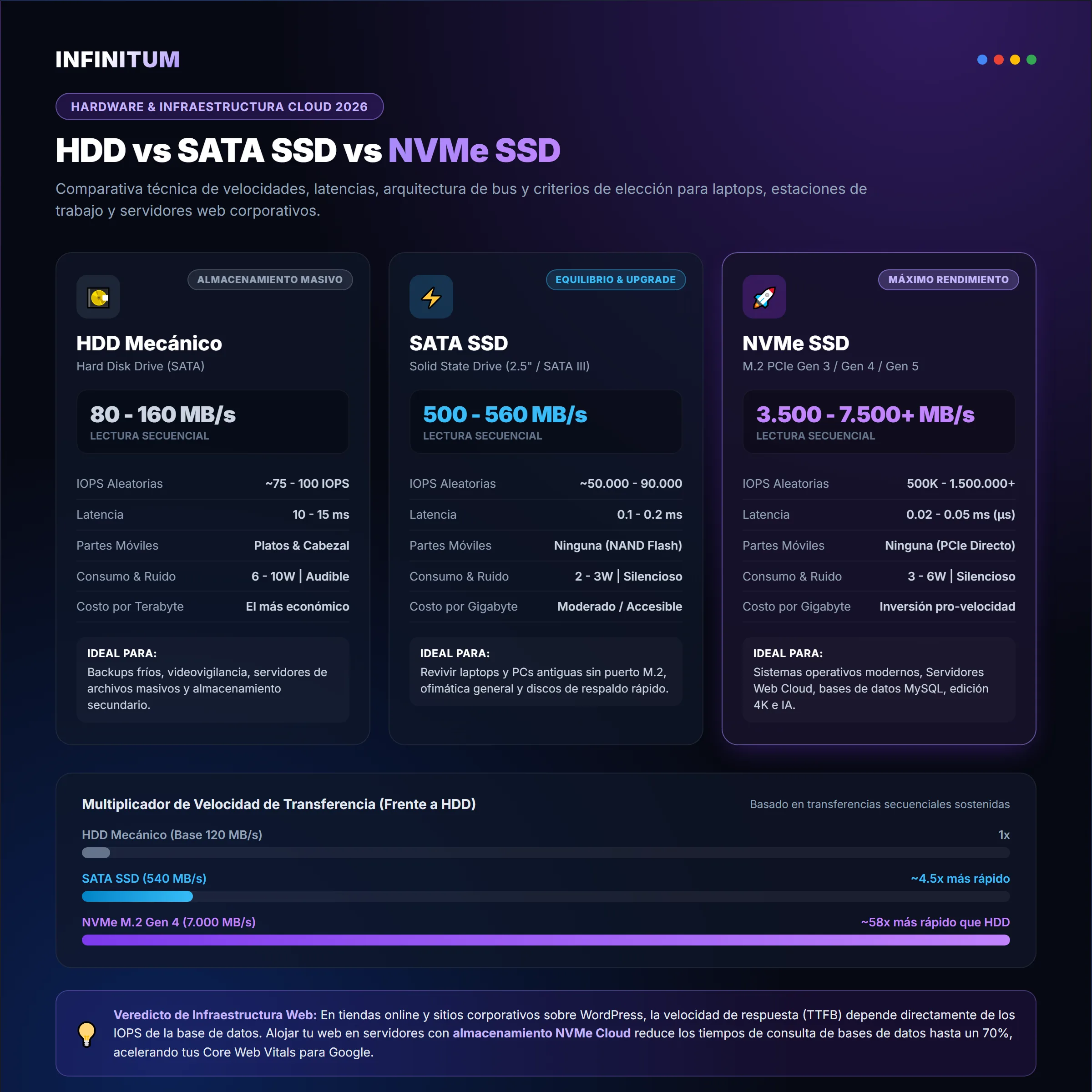 Infografía comparativa HDD vs SATA SSD vs NVMe SSD diferencias de velocidad y rendimiento