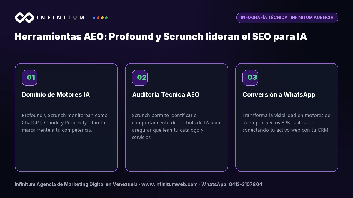 Infografía técnica: Herramientas AEO: Profound y Scrunch lideran el SEO para IA - Claves estratégicas por Infinitum Agencia