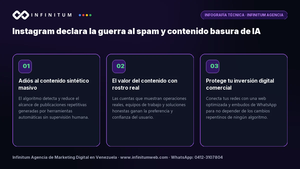 Infografía técnica: Instagram declara la guerra al spam y contenido basura de IA - Claves estratégicas por Infinitum Agencia