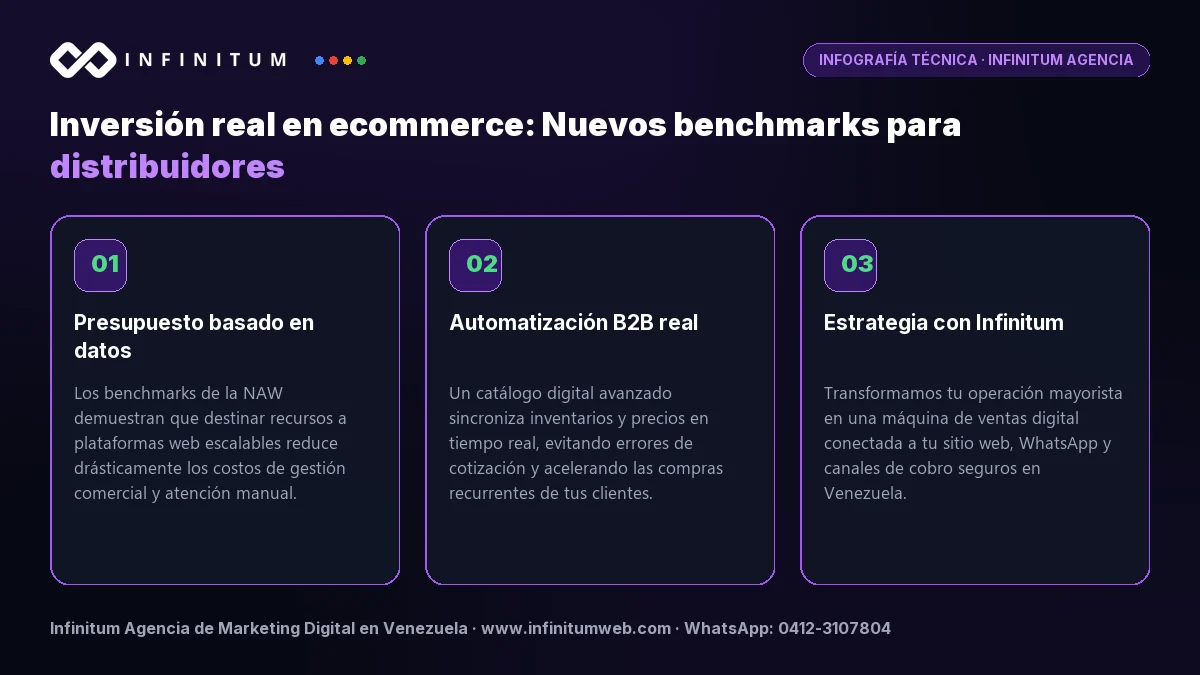 Infografía técnica: Inversión real en ecommerce: Nuevos benchmarks para distribuidores - Claves estratégicas por Infinitum Agencia