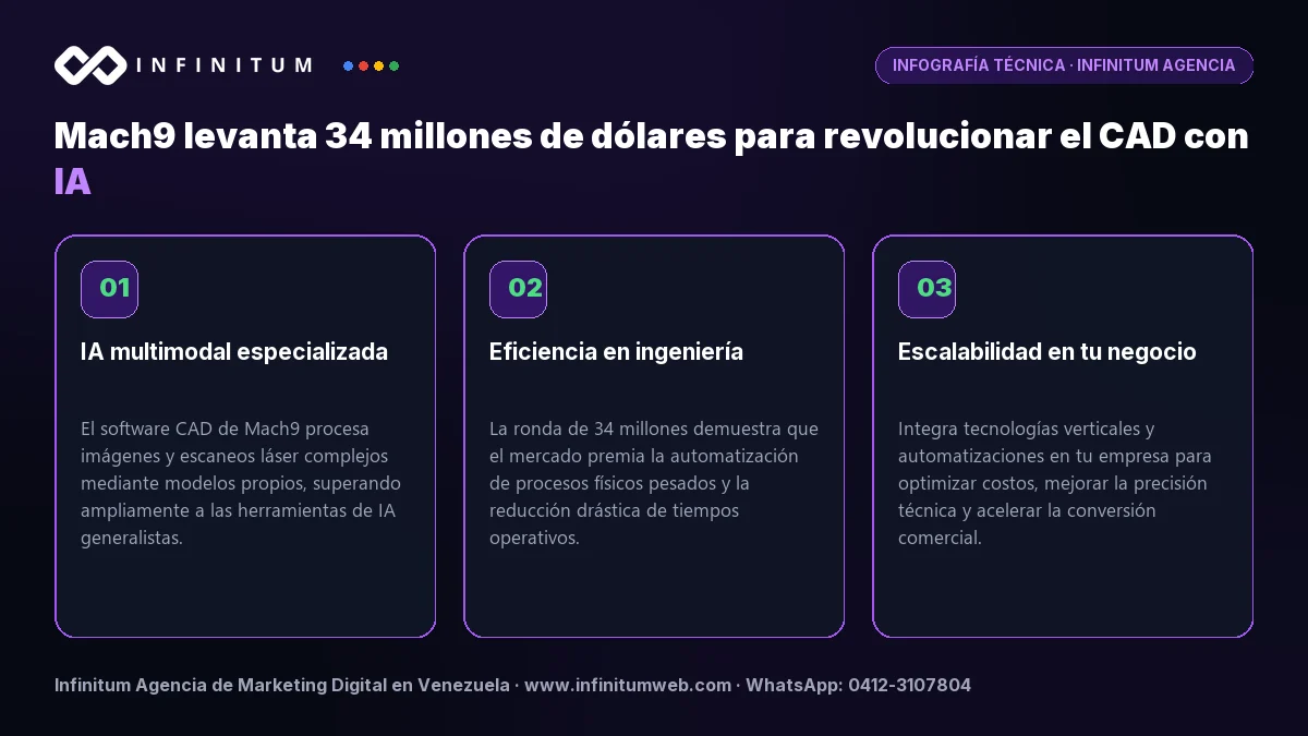 Infografía: Mach9 levanta 34 millones de dólares para revolucionar el CAD con IA | Infinitum Infografía técnica: Mach9 levanta 34 millones de dólares para revolucionar el CAD con IA - Claves estratégicas por Infinitum Agencia