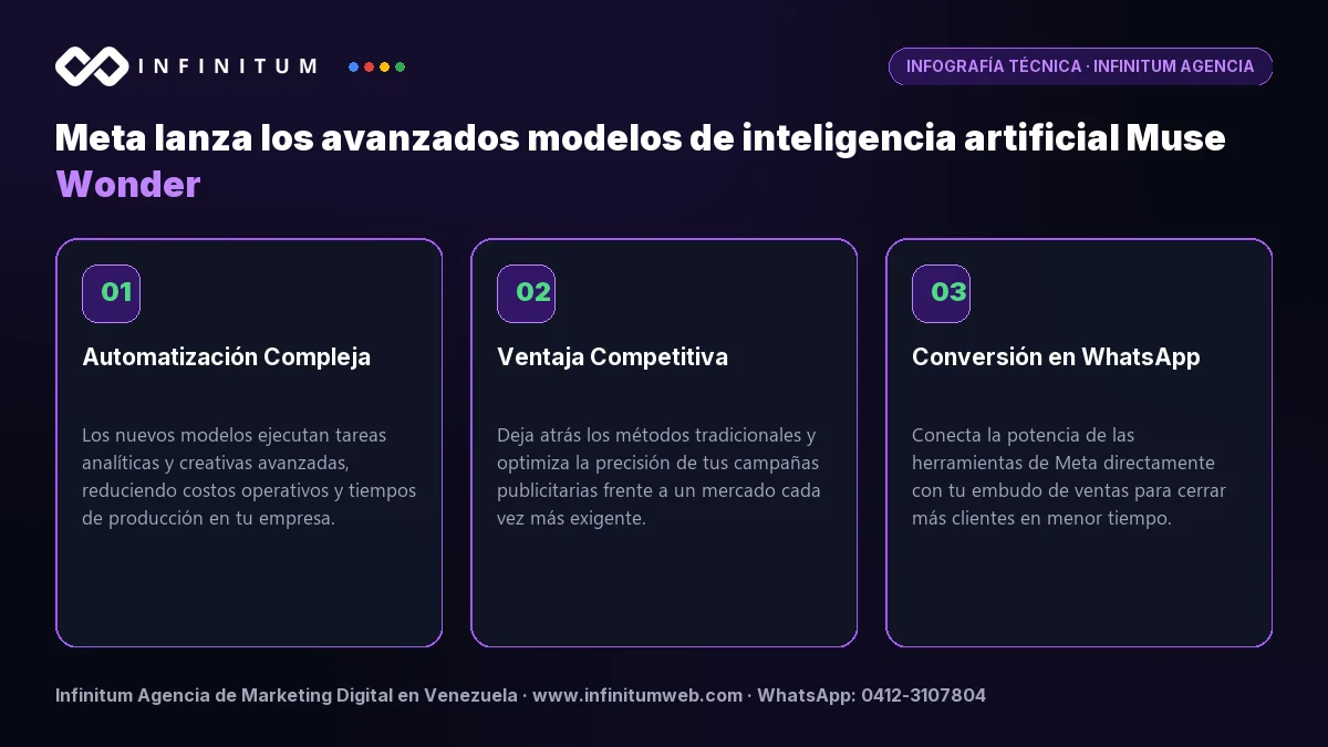 Infografía: Meta lanza los avanzados modelos de inteligencia artificial Muse Wonder | Infinitum Infografía técnica: Meta lanza los avanzados modelos de inteligencia artificial Muse Wonder - Claves estratégicas por Infinitum Agencia