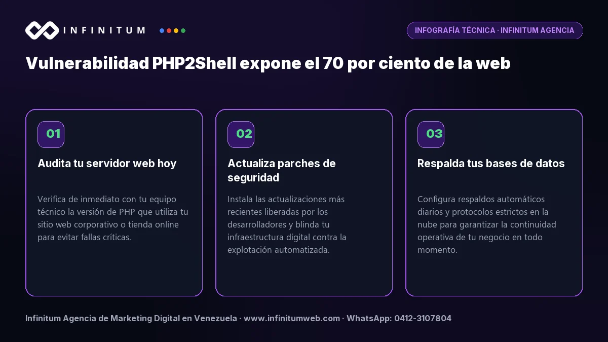 Infografía técnica: Vulnerabilidad PHP2Shell expone el 70 por ciento de la web - Claves estratégicas por Infinitum Agencia