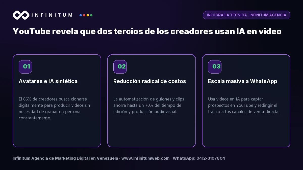Infografía técnica: YouTube revela que dos tercios de los creadores usan IA en video - Claves estratégicas por Infinitum Agencia