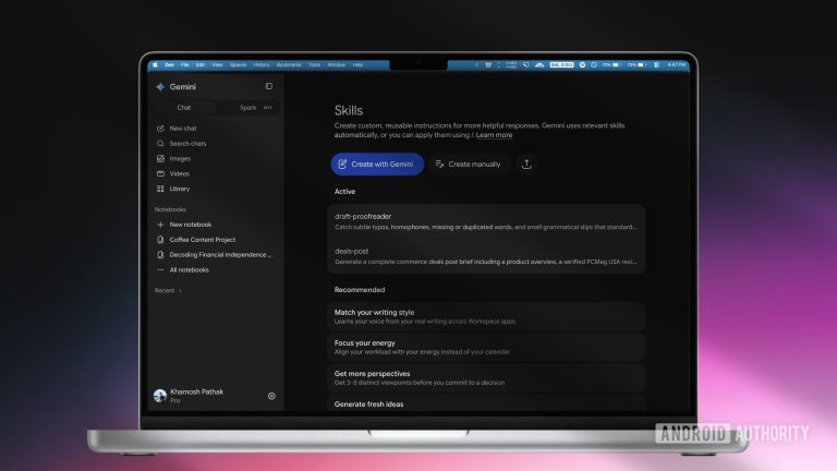 Interfaz de Google Gemini mostrando la nueva sección de Skills con comandos en línea