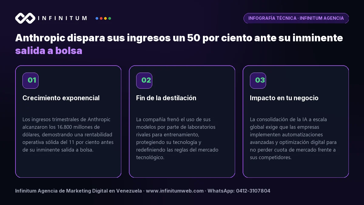 Infografía técnica: Anthropic dispara sus ingresos un 50 por ciento ante su inminente salida a bolsa - Claves estratégicas por Infinitum Agencia