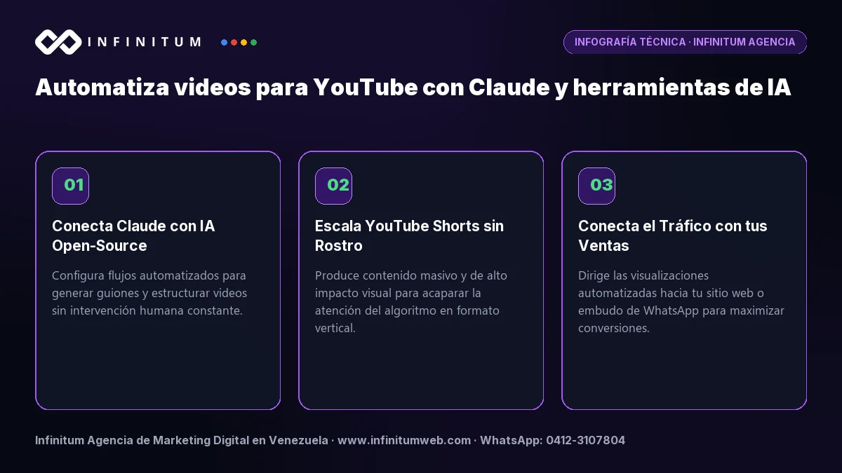 Infografía: Automatiza videos para YouTube con Claude y herramientas de IA | Infinitum Infografía técnica: Automatiza videos para YouTube con Claude y herramientas de IA - Claves estratégicas por Infinitum Agencia