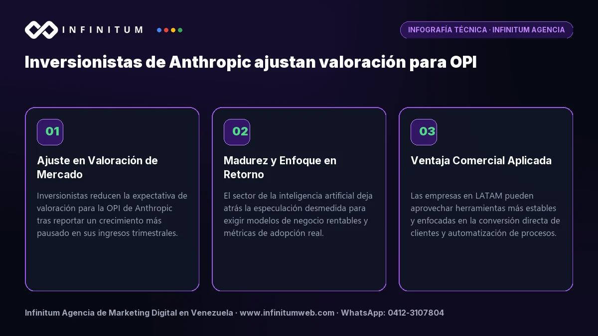 Infografía técnica: Inversionistas de Anthropic ajustan valoración para OPI - Claves estratégicas por Infinitum Agencia