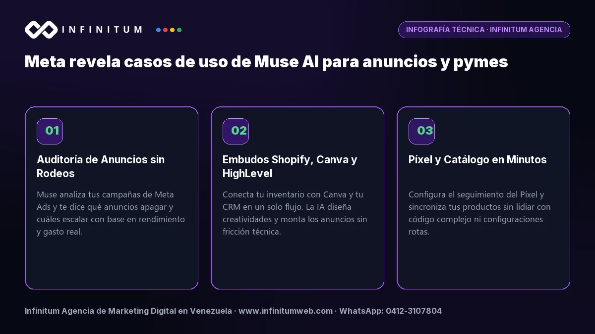 Infografía técnica: Meta detalla los principales casos de uso de Muse AI para empresas y pymes - Claves estratégicas por Infinitum Agencia