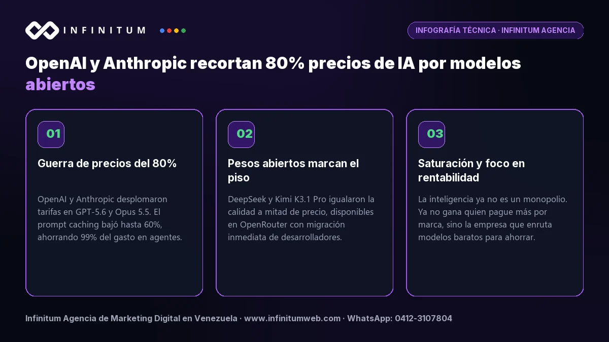 Infografía: OpenAI y Anthropic recortan 80% precios de IA por modelos abiertos | Infinitum Infografía técnica: OpenAI y Anthropic recortan 80% precios de IA por modelos abiertos - Claves estratégicas por Infinitum Agencia