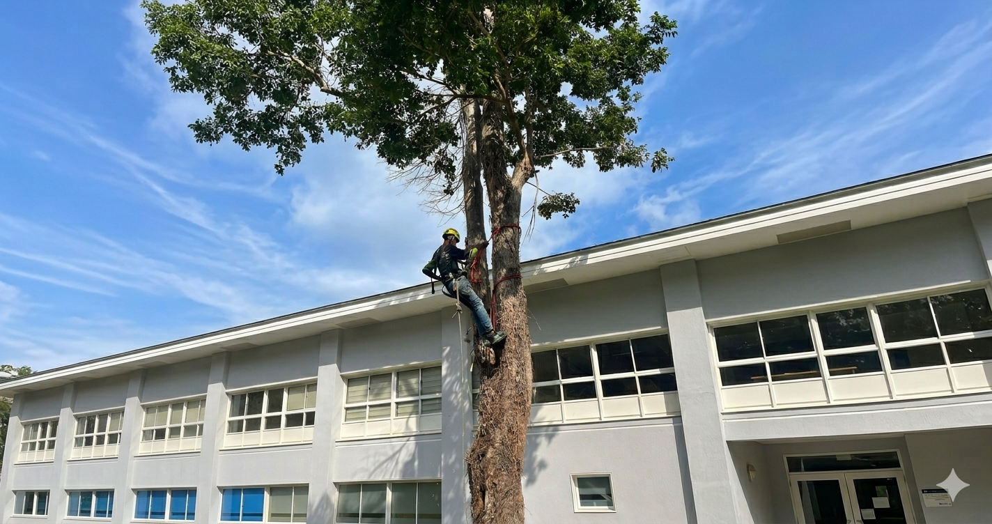 Personal de Áreas Verdes en labores de poda en altura con equipos certificados