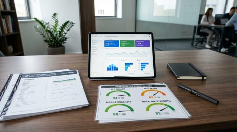 Tablet con análisis de datos y gráficos para marketing digital.