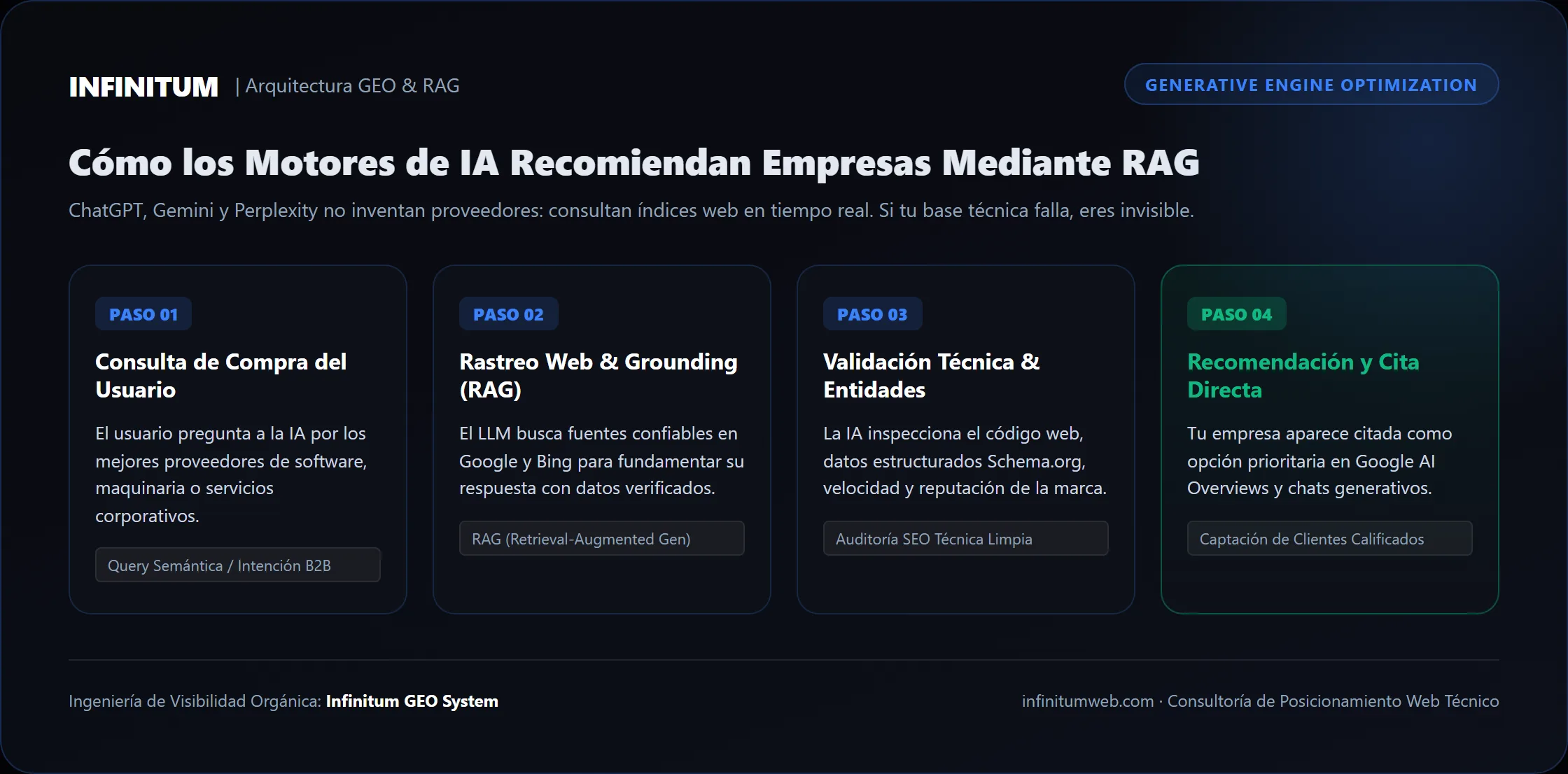 Flujo de recomendación en motores generativos (GEO) y arquitectura RAG Proceso de recomendación de marcas en motores de inteligencia artificial mediante arquitectura RAG y SEO técnico