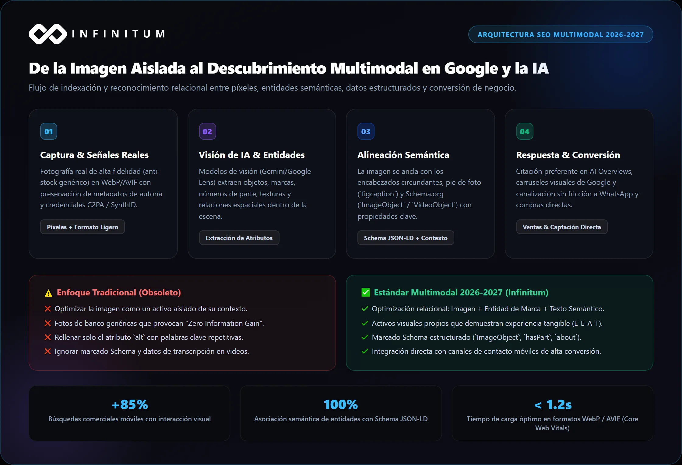 Diagrama del proceso de indexación visual multimodal en Google y la inteligencia artificial 2026