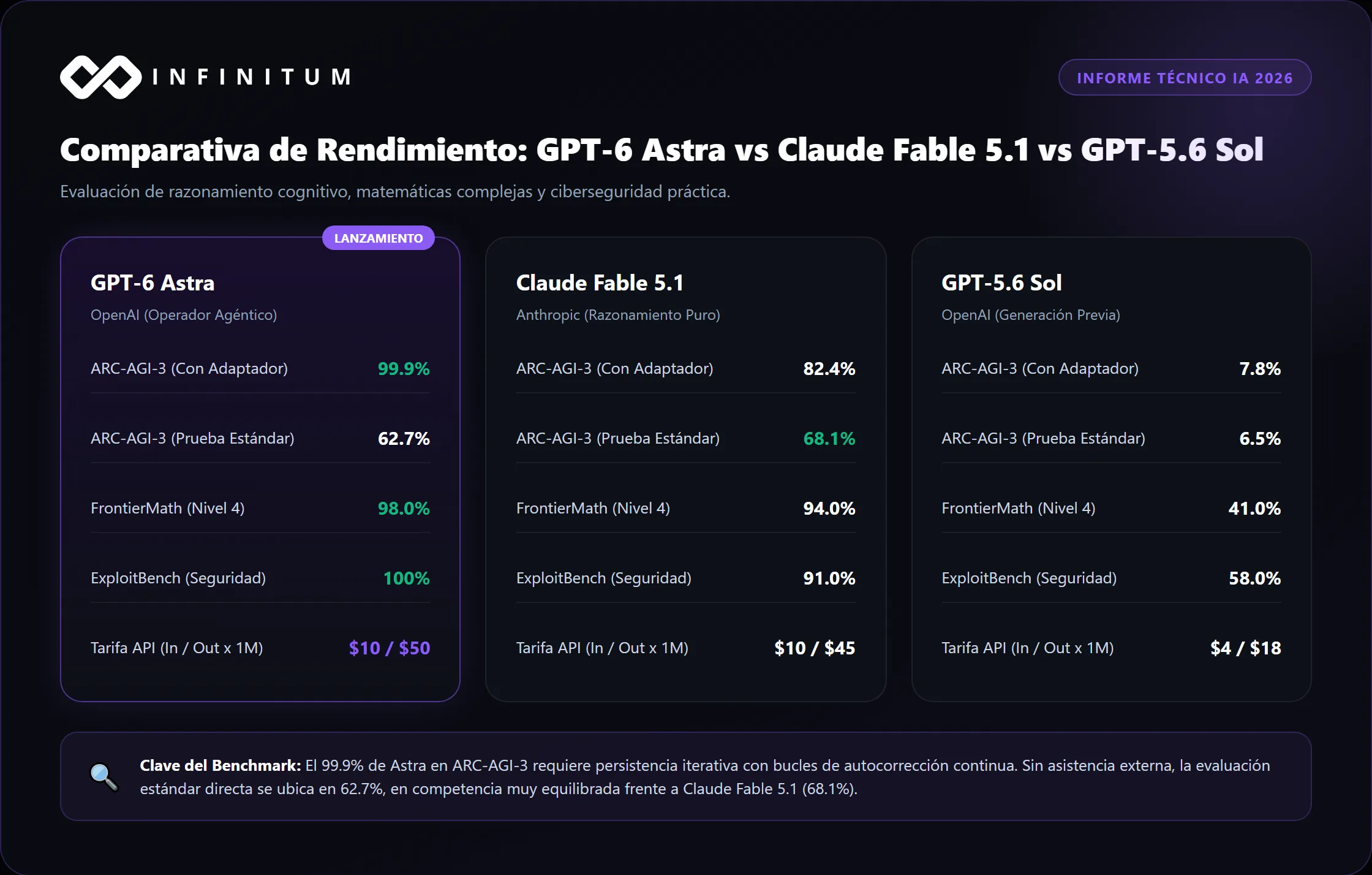 Comparativa de rendimiento entre GPT-6 Astra, Claude Fable 5.1 y GPT-5.6 Sol