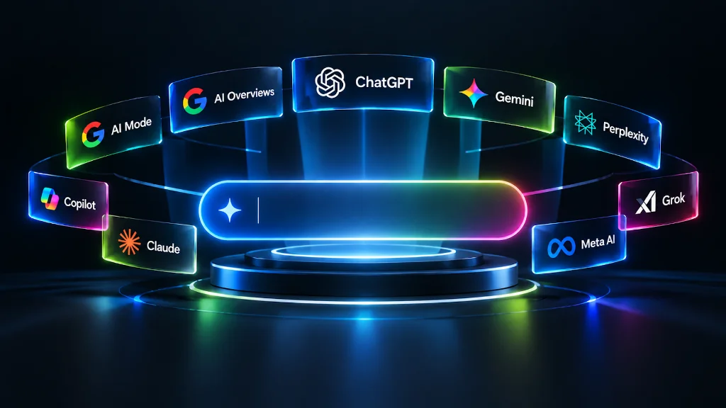 9 motores de búsqueda e inteligencia artificial: ChatGPT, Google AI Overviews, Gemini, Perplexity, Copilot, Claude, Grok, Meta AI y AI Mode