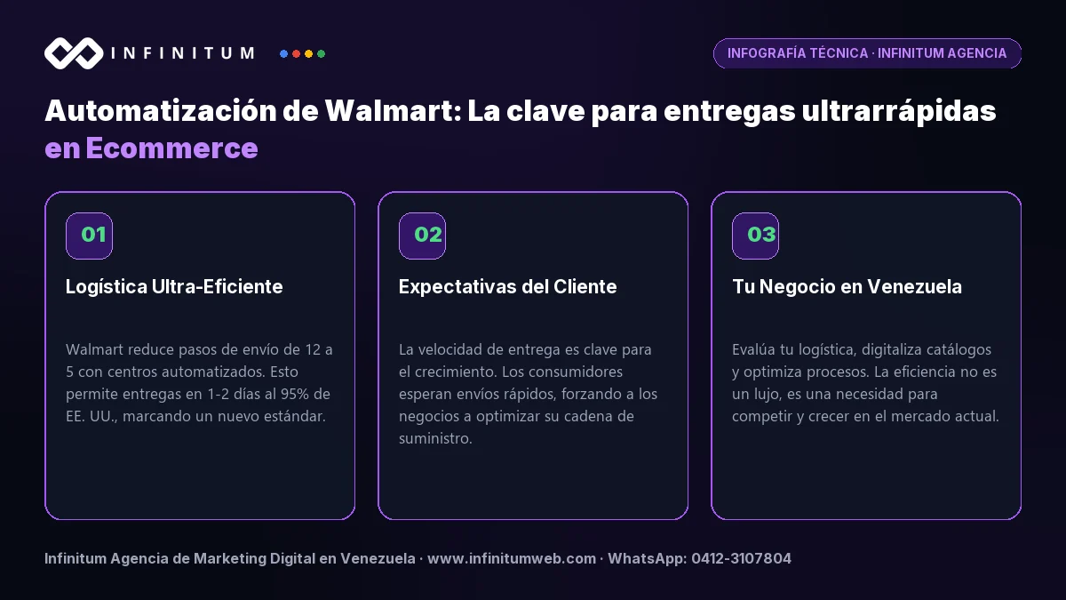 Infografía técnica: Automatización de Walmart: La clave para entregas ultrarrápidas en Ecommerce - Claves estratégicas por Infinitum Agencia