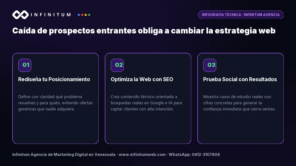Infografía técnica: Caída de prospectos entrantes obliga a cambiar la estrategia web - Claves estratégicas por Infinitum Agencia