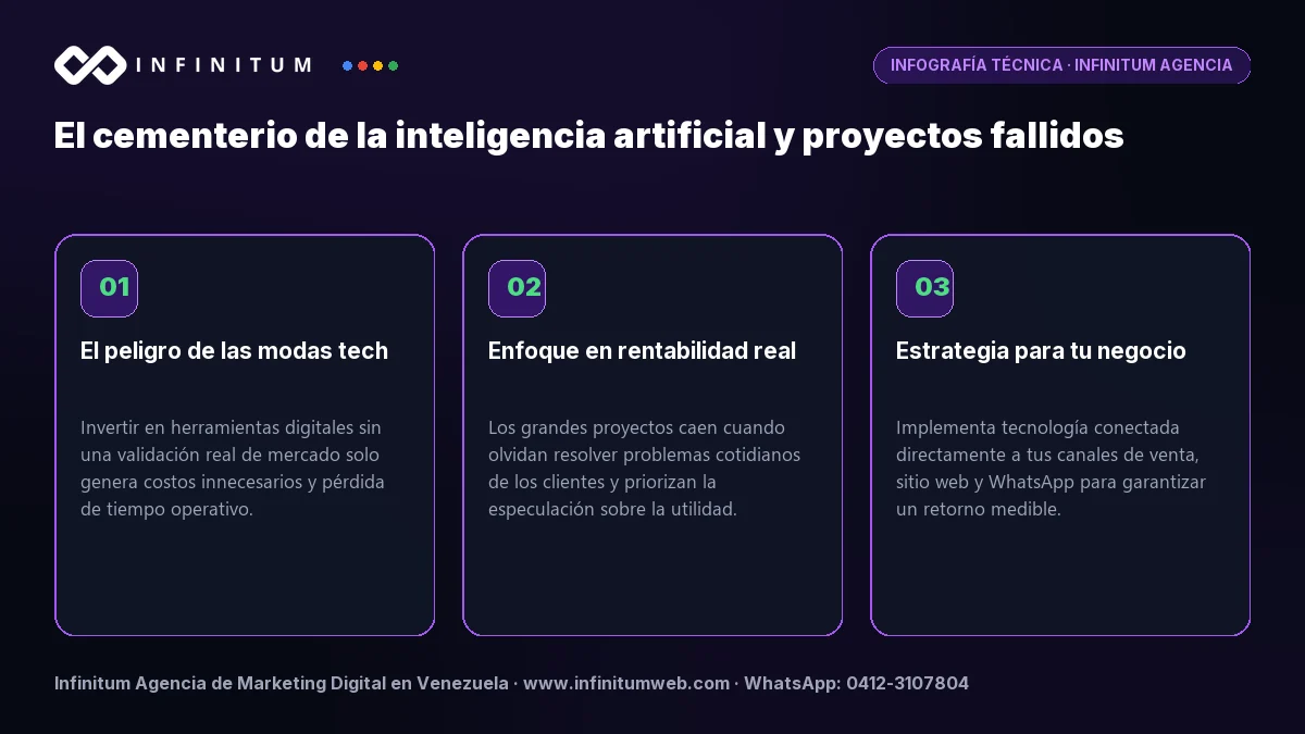 Infografía: El cementerio de la inteligencia artificial y proyectos fallidos | Infinitum Infografía técnica: El cementerio de la inteligencia artificial y proyectos fallidos - Claves estratégicas por Infinitum Agencia