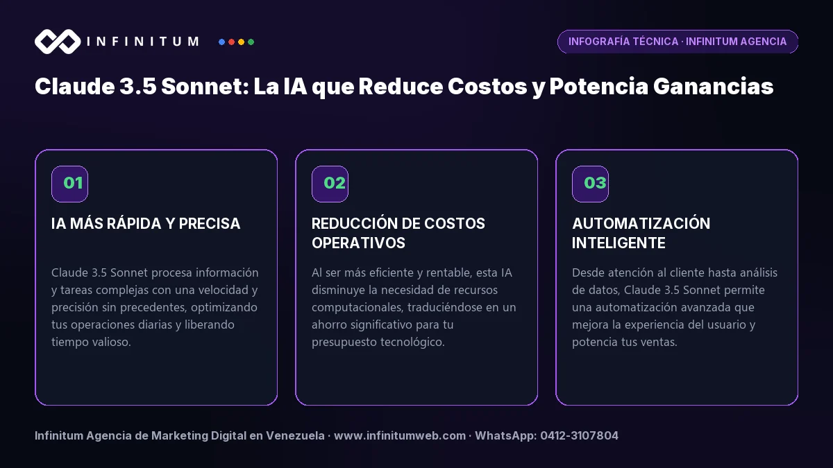 Infografía técnica: Claude 3.5 Sonnet: La IA que Reduce Costos y Potencia Ganancias - Claves estratégicas por Infinitum Agencia