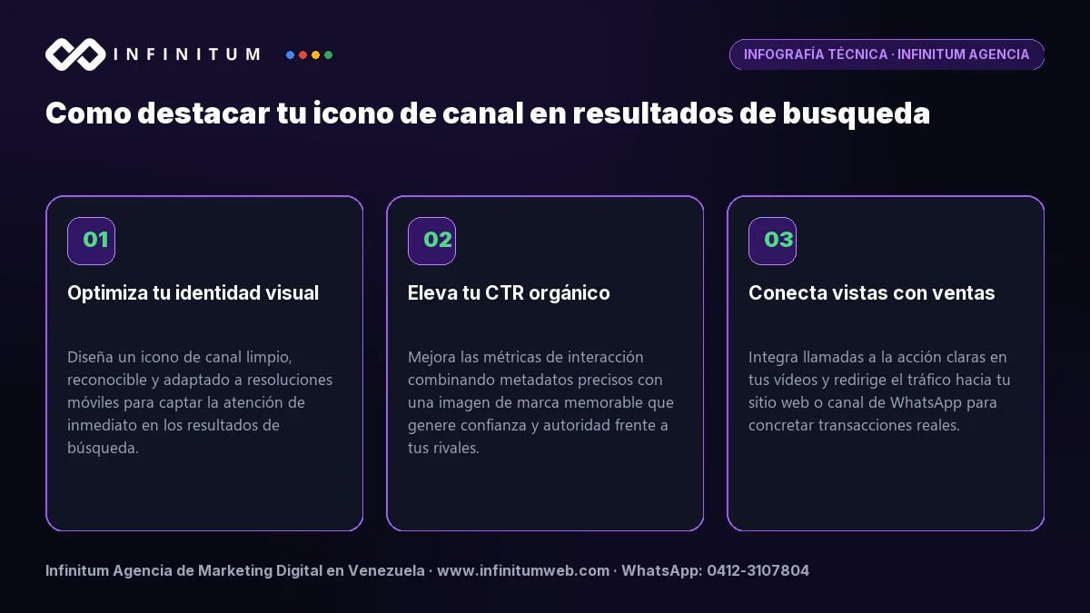 Infografía técnica: Como destacar tu icono de canal en resultados de busqueda - Claves estratégicas por Infinitum Agencia