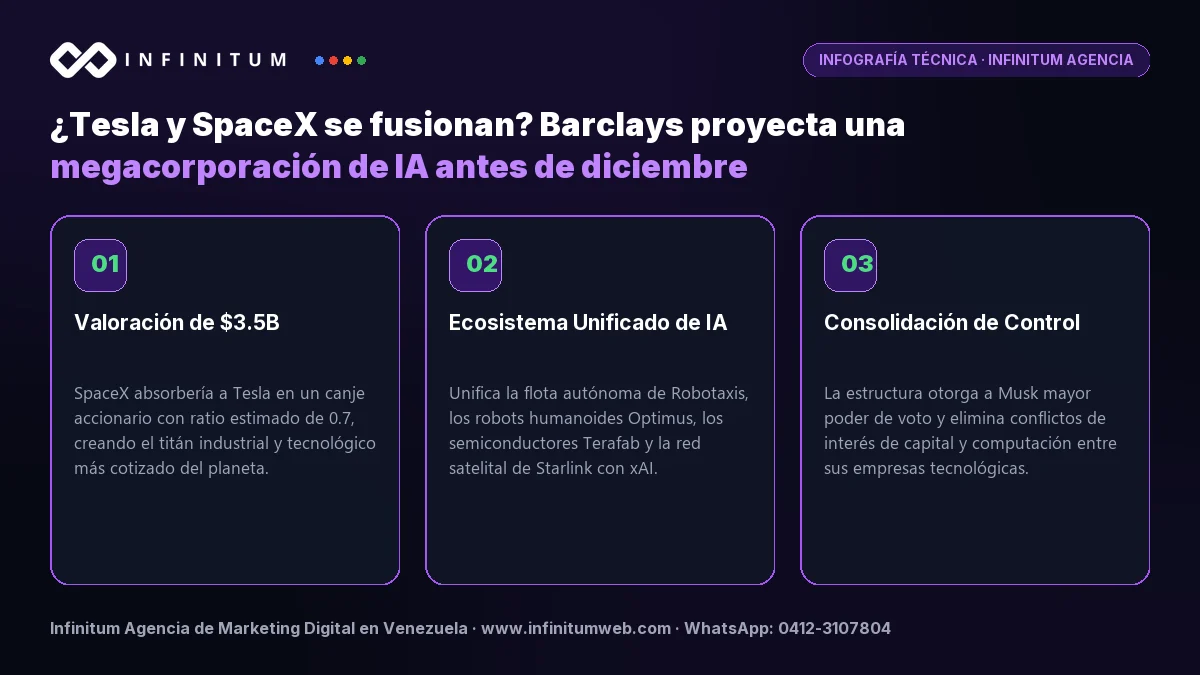 Infografía: Fusión de Tesla y SpaceX | Infinitum Infografía técnica: Fusión de Tesla y SpaceX proyectada por Barclays - Análisis de impacto por Infinitum Agencia