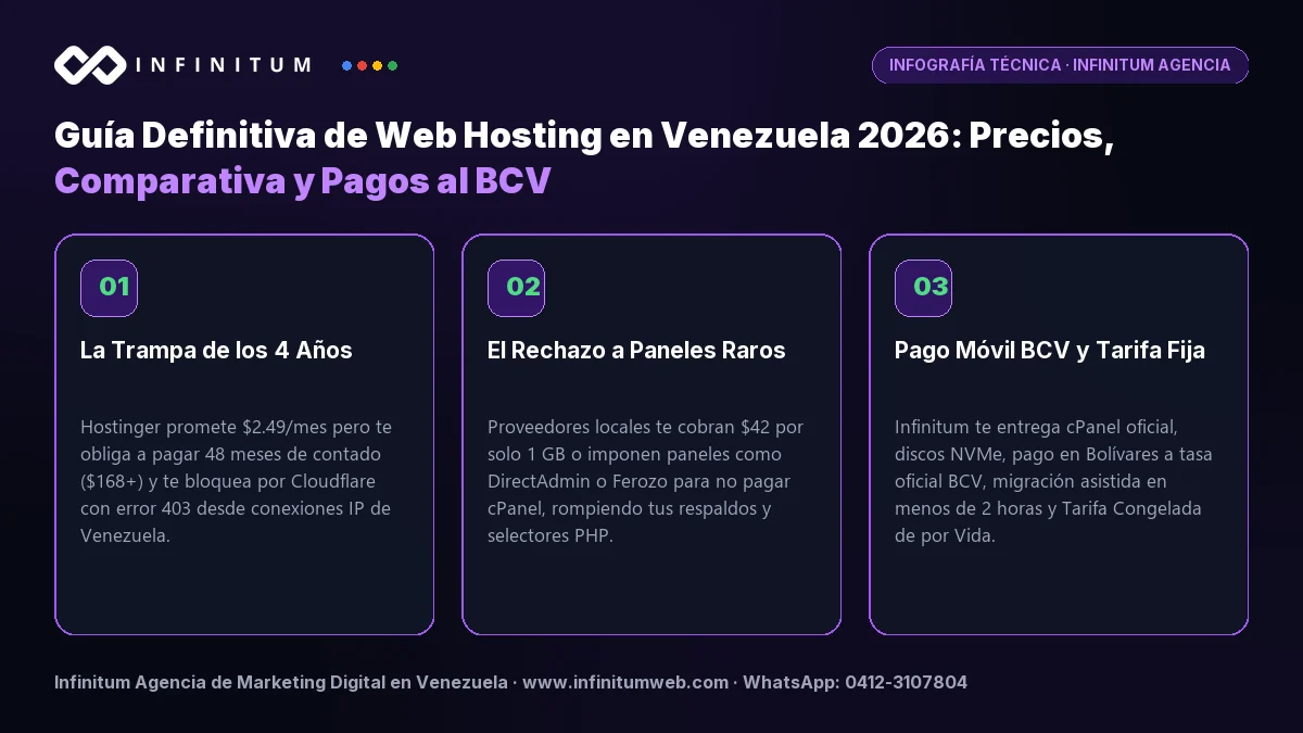 Infografía: Guía Definitiva de Web Hosting en Venezuela 2026 | Infinitum Infografía: Guía Definitiva de Web Hosting en Venezuela 2026 - Comparativa de Rendimiento y Precios por Infinitum Agencia