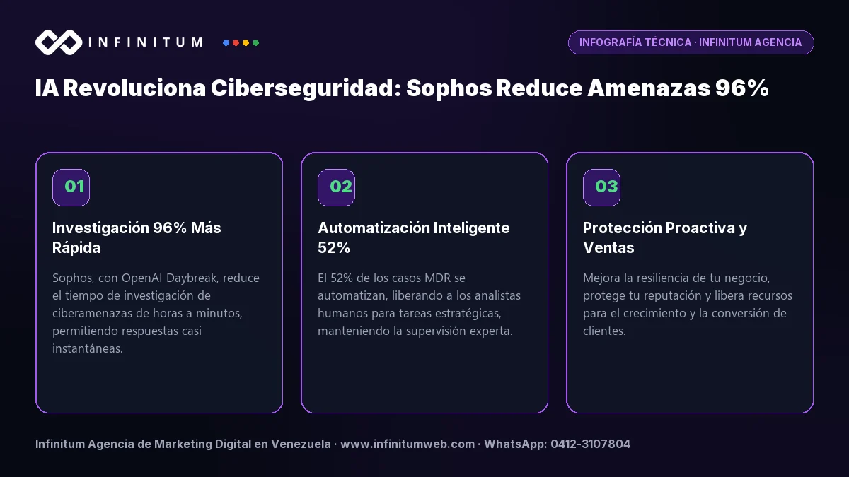 Infografía: IA Revoluciona Ciberseguridad: Sophos Reduce Amenazas 96% | Infinitum Infografía técnica: IA Revoluciona Ciberseguridad: Sophos Reduce Amenazas 96% - Claves estratégicas por Infinitum Agencia