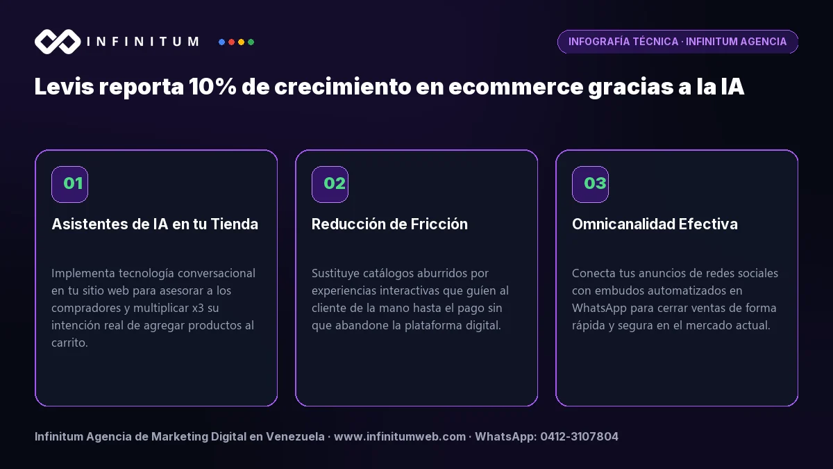 Infografía: Levis reporta 10% de crecimiento en ecommerce gracias a la IA | Infinitum Infografía técnica: Levis reporta 10% de crecimiento en ecommerce gracias a la IA - Claves estratégicas por Infinitum Agencia