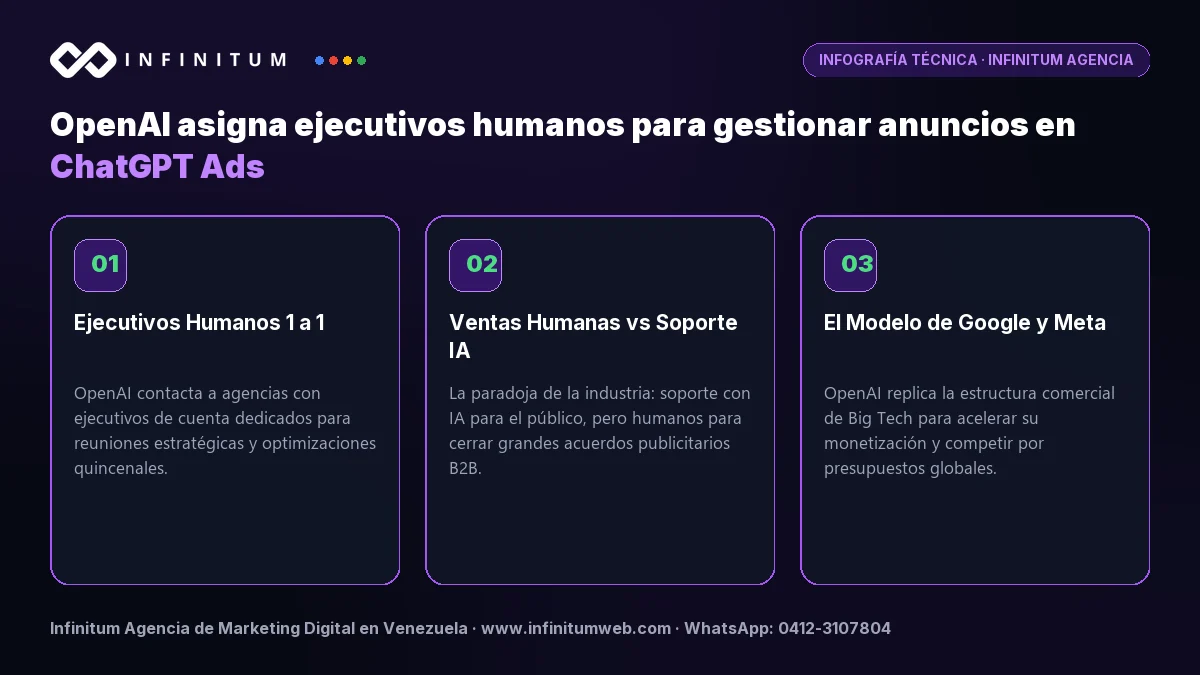 Infografía técnica: OpenAI asigna ejecutivos humanos para gestionar anuncios en ChatGPT Ads - Claves estratégicas por Infinitum Agencia