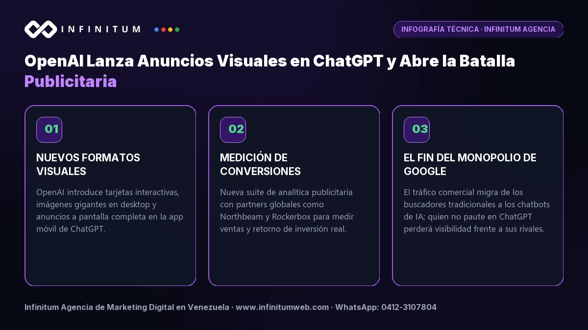 Infografía técnica: Novedades de ChatGPT Ads y nuevos formatos visuales de OpenAI - Análisis por Infinitum Agencia