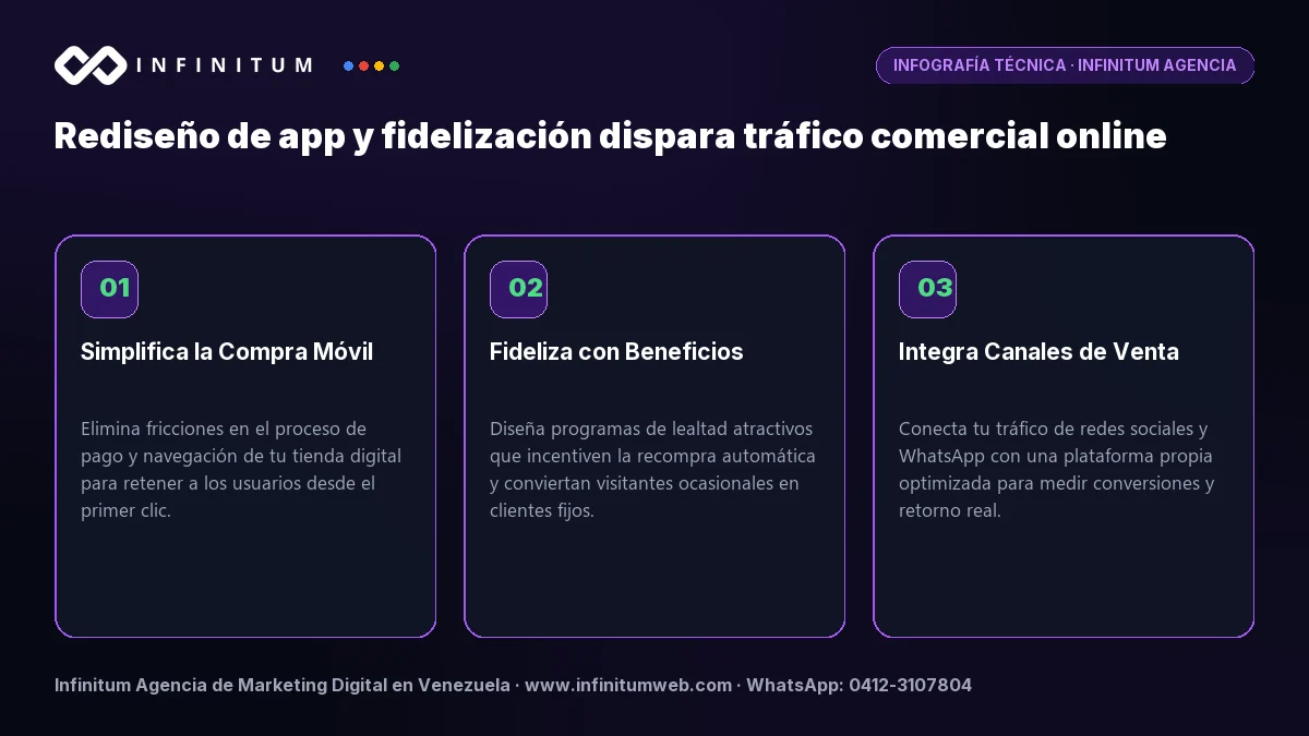 Infografía técnica: Rediseño de app y fidelización dispara tráfico comercial online - Claves estratégicas por Infinitum Agencia