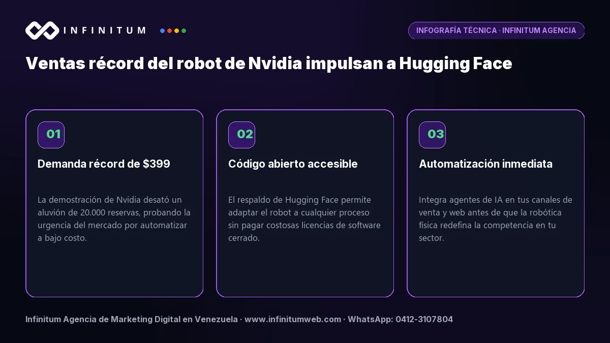 Infografía: Ventas récord del robot de Nvidia impulsan a Hugging Face | Infinitum Infografía técnica: Ventas récord del robot de Nvidia impulsan a Hugging Face - Claves estratégicas por Infinitum Agencia