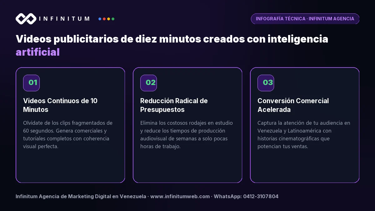 Infografía técnica: Videos publicitarios de diez minutos creados con inteligencia artificial - Claves estratégicas por Infinitum Agencia