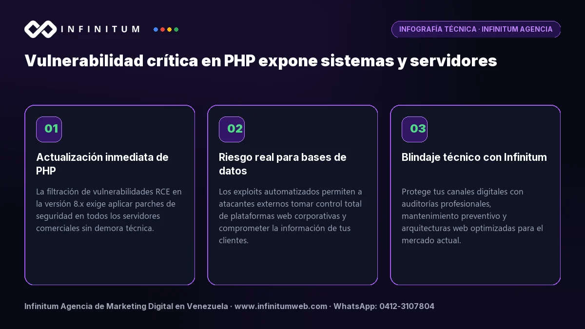 Infografía técnica: Vulnerabilidad crítica en PHP expone sistemas y servidores - Claves estratégicas por Infinitum Agencia