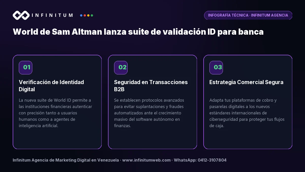 Infografía: World de Sam Altman lanza suite de validación ID para banca | Infinitum Infografía técnica: World de Sam Altman lanza suite de validación ID para banca - Claves estratégicas por Infinitum Agencia