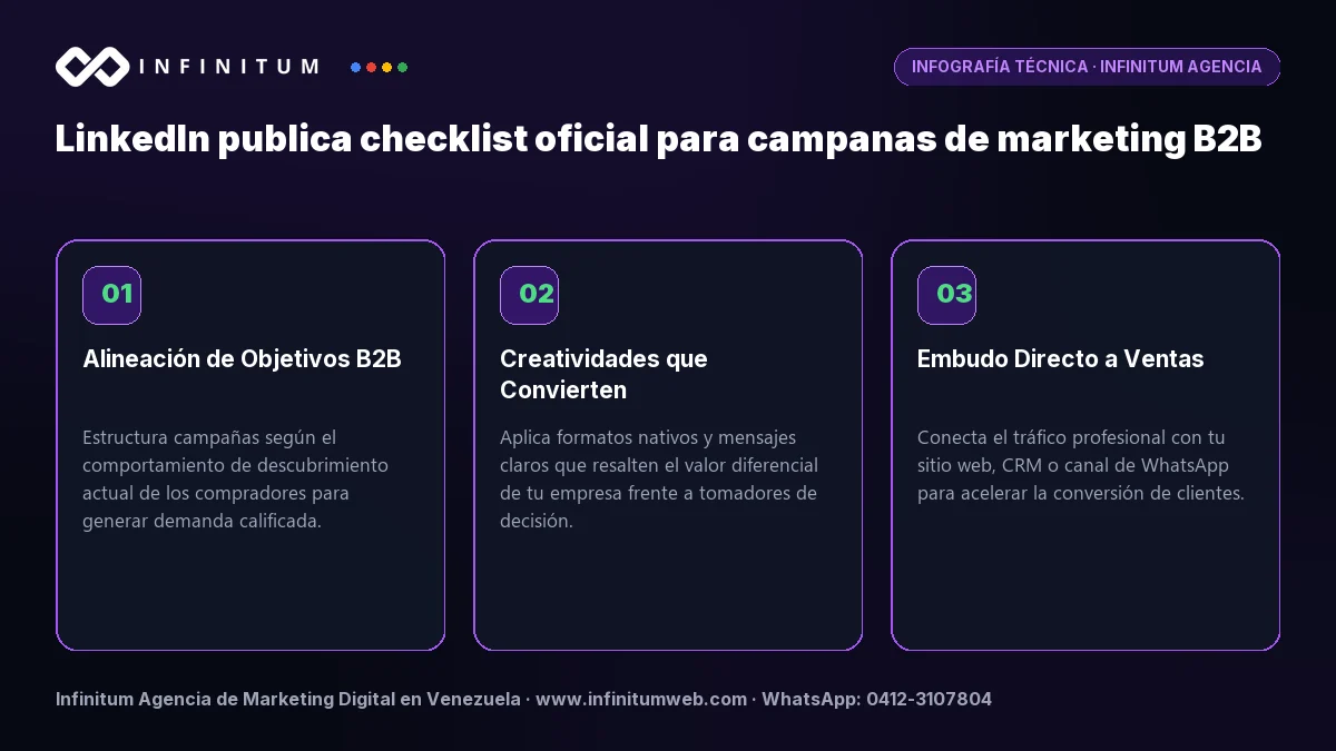 Infografía: LinkedIn publica checklist oficial para campanas de marketing B2B | Infinitum Infografía técnica: LinkedIn publica checklist oficial para campanas de marketing B2B - Claves estratégicas por Infinitum Agencia